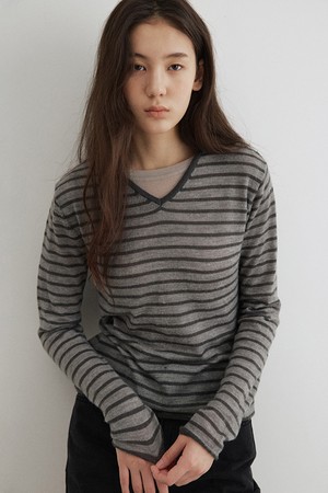 alpaca blended stripe v pullover (grey stripe)
