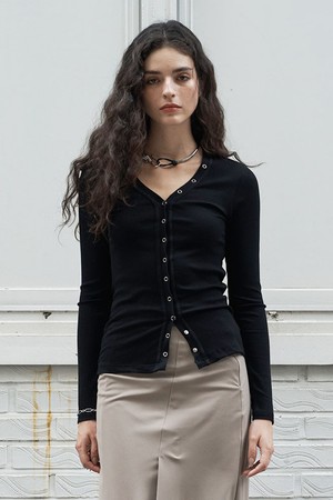 V넥 골지 버튼 가디건_2color