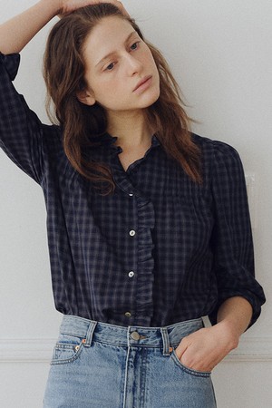 check pin-tuck blouse (navy)