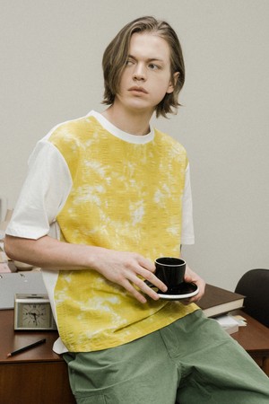 [커스텀어스] 우븐프린트 배색 라운드 반팔티셔츠 CXS24MKRT503 YEL