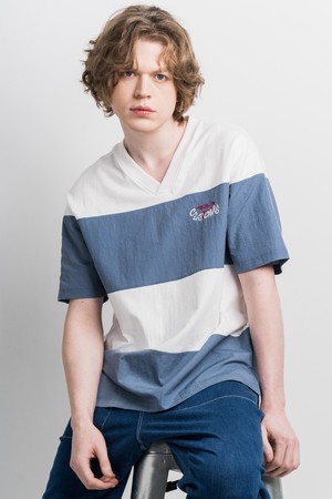 브이넥 빅보더 스트라이프 남자 반팔 티셔츠 CXS25MKVT423 BLU