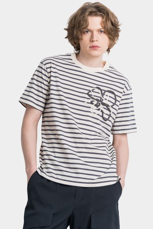 핸드플라워 트리밍 스트라이프 남성 라운드 반팔 티셔츠 CXS25MKRT426 GRY