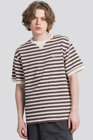 네크립 배색 스트라이프 와플 로고 남자 반팔 라운드 티셔츠 CXS25MKRT606 BRO