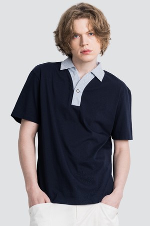 스트라이프 우븐배색 Y넥 남자 반팔 카라티 CXS25MKKT612 NAV