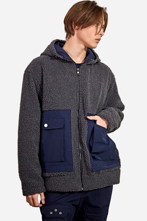 빅입체포켓 배색 양털 뽀글이 후드집업 패딩점퍼 CTS22WKHJB49 GRY