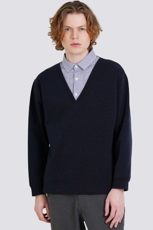 남자 스트라이프 셔츠 카라 레이어드 로고자수 긴팔 티셔츠 CXS25FKKT907 NAV