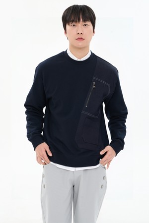 남자 데님 패치워크 배색 맨투맨 지퍼포켓 오버핏 스웨트셔츠 CXS26SKMT202 NAV