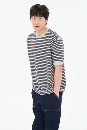 남성 코튼 100% 선염 스트라이프 미니 하트 자수 반팔 티셔츠 CXS26MKRT306 GRY