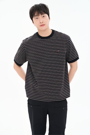 남성 코튼 100% 선염 스트라이프 미니 하트 자수 반팔 티셔츠 CXS26MKRT306 BLA