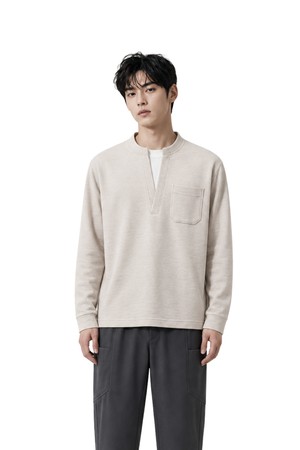 남자 V넥 레이어드배색 긴팔 티셔츠 CXS26FKVT902 BEI
