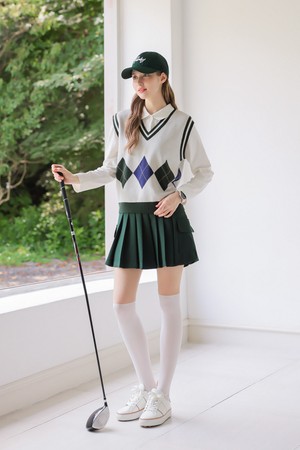 [퍼디] 아가일 체크 배색 니트 베스트 [딥그린]_GREEN-a