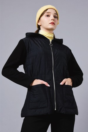 25FW 웰론 패딩 져지 패치 후드 집업 엘라스틱 벨트 블랙 쟈켓_BLACK-a