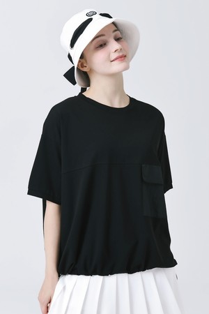 26SS 라운드 포켓  장식 루즈 핏 블랙 반팔 밑단 스트링 티셔츠_BLACK-a