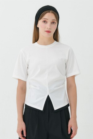 26SS 핀턱 배색 트임 라운드 화이트 반팔 티셔츠_WHITE-a