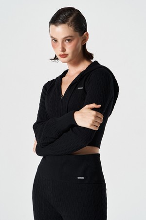 우먼스 케이블 니트 크롭 후디 집업 (Black)_BLACK-a