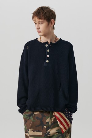 아카이브 헤비 웨이트 코튼 데미지 디테일 헨리넥 니트 네이비
