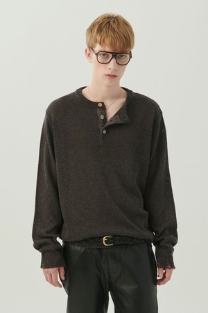 린넨 블렌디드 빈티지 가먼트 헨리넥 니트 차콜 그레이