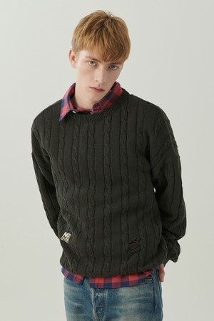 빈티지 데미지 포인트 케이블 니트 차콜 그레이