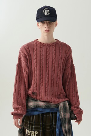 빈티지 데미지 포인트 케이블 니트 덜 핑크