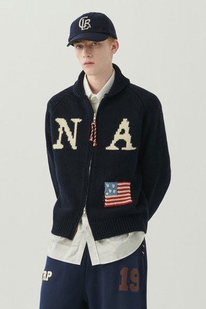 핸드 메이드 디테일 빈티지 리그 니트 점퍼 네이비