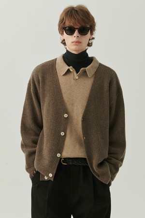 수퍼 파인 메리노 울 와플 니트 가디건 브라운