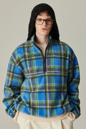 프레피 플레이드 집업 플리스 블루