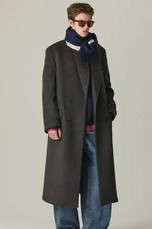 로맨틱 피크드 라펠 캐시미어 블렌드 더블 코트 그레이