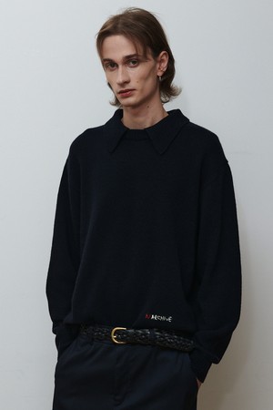 모듈러 카라 울 니트 네이비