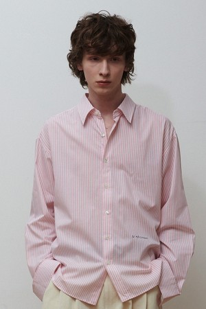파인 코튼 로고 스트라이프 셔츠 핑크