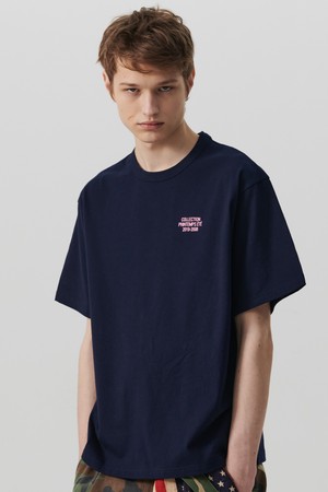 아카이브 스탬프 프린트 16수 코튼 반팔 티셔츠 네이비