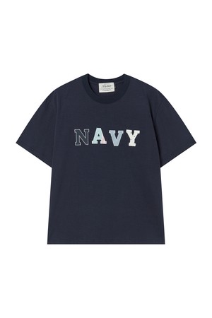 빈티지 패치워크 슬럽 반팔 티셔츠 네이비