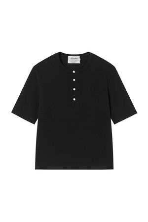 펄 버튼 헨리넥 반팔 티셔츠 블랙