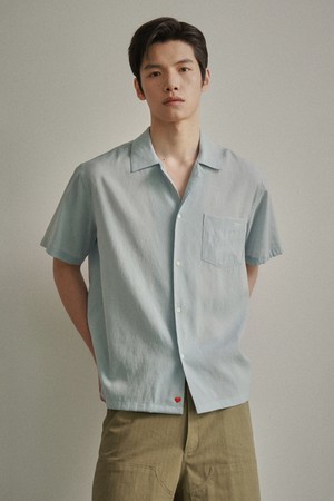 에어리 린넨 블렌드 오픈 카라 반팔 셔츠 블루