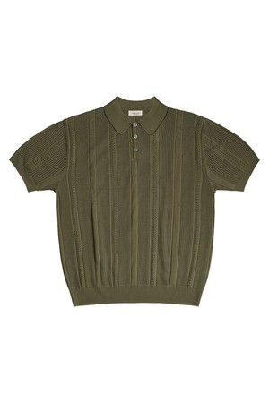Mesh Mixed Crochet Polo Knit (Khaki)