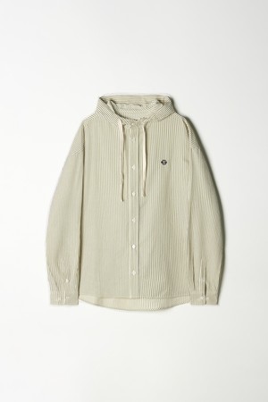 TC로고 후드 스트라이프 오버핏 셔츠 올리브