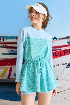 [SET]힙커버 긴팔 래시가드 반바지 세트 체인 콤비_GREEN-a