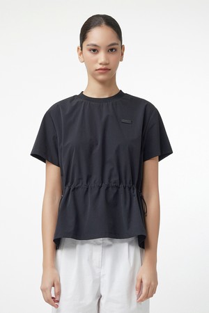 [WOMEN] 우븐 웨이스트 스트링 티셔츠 - 블랙 HEW0002ATZBLK