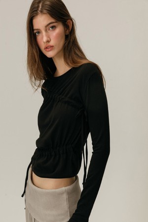 SHIRRING BOAT NECK T-SHIRT / BLACK