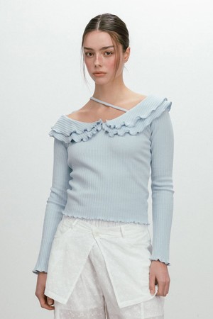 FRILL OFF SHOULDER T-SHIRT / SKYBLUE