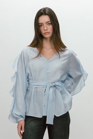 FRILL BELTED BLOUSE / SKYBLUE