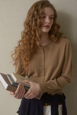 Gold Button Cash Cardigan Beige