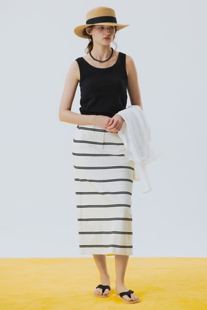 Stripe Cotton Long Skirt Ivory
