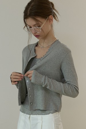 Frill sleeve crop cardigan solid Gray