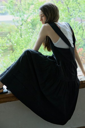 Pintuck Pleated Long Dress Black