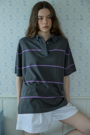 Striped Collar Knit Top Deep gray