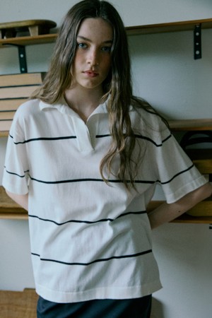 Striped Collar Knit Top Ivory