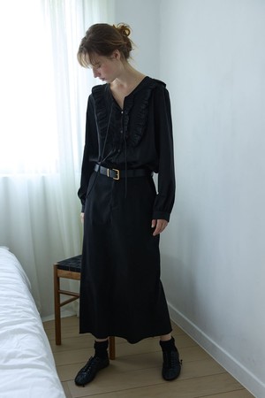 Belted H-Line Long Skirt Black
