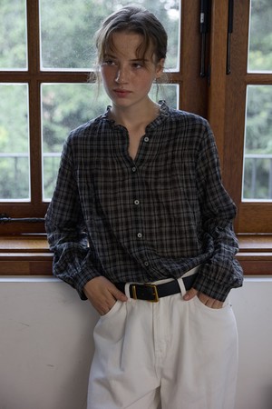 Ruffle Neck Check Blouse Charcoal Check