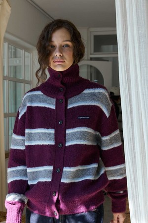 Pointelle Stripe Cardigan Burgundy
