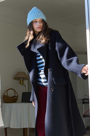 Wool Belted Stand Collar Long Coat Navy